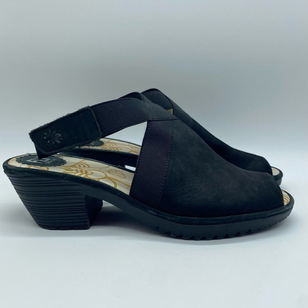 FLY London Wato Black Peep Toe Slingback Heel Sandal Shoes Suede Women 40 / 9.5